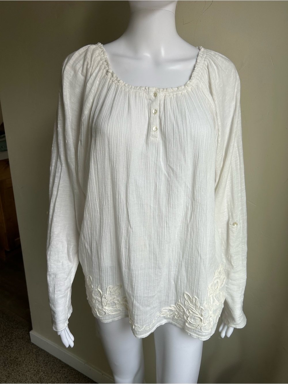 ▶️ Sundance White Gauze Peasant Blouse Embroidered Boho Cottagecore L